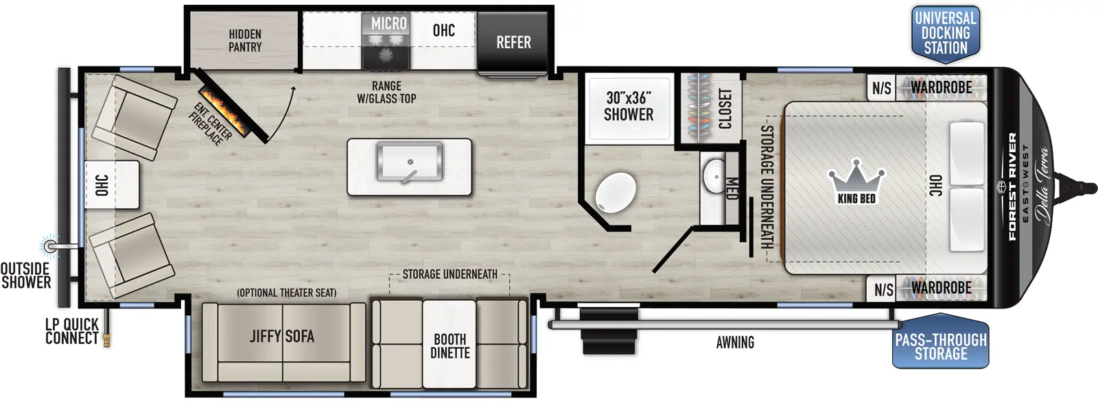 The Della Terra 272RL floorplan has one entry and two slide outs. Exterior features include: metal exterior. Interiors features include: kitchen island, front bedroom and rear living.